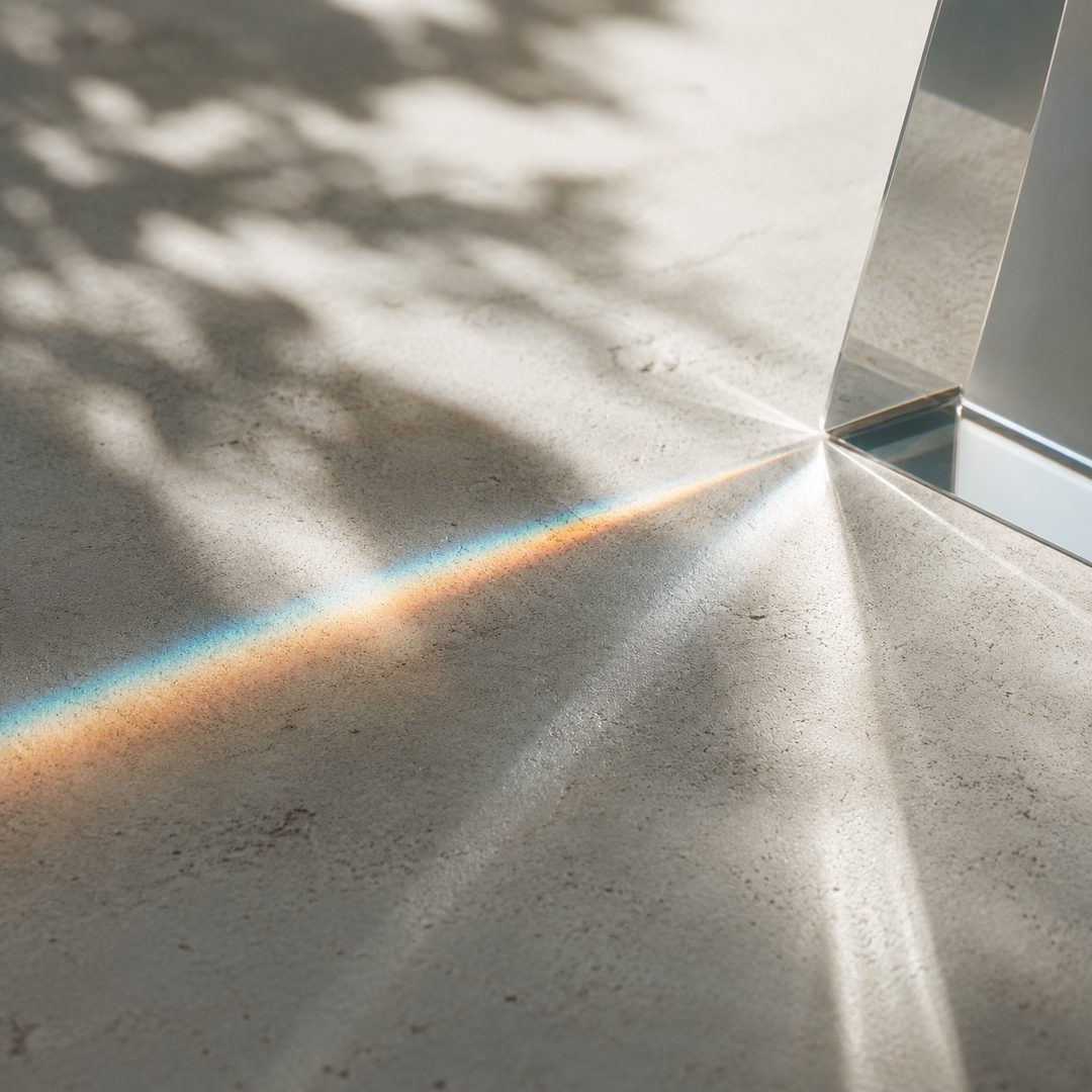 Luz atravesando un prisma y descomponiéndose sobre una superficie de piedra