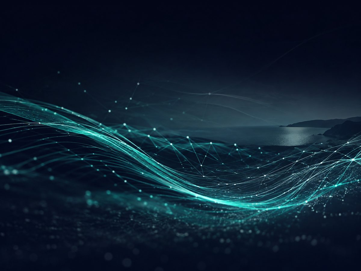 Visualización abstracta de datos y curvas luminosas en tonos turquesa